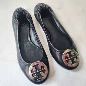 Tory Burch Reva Ballet Flats Black Leather Size 7M Silver Emblem Logo